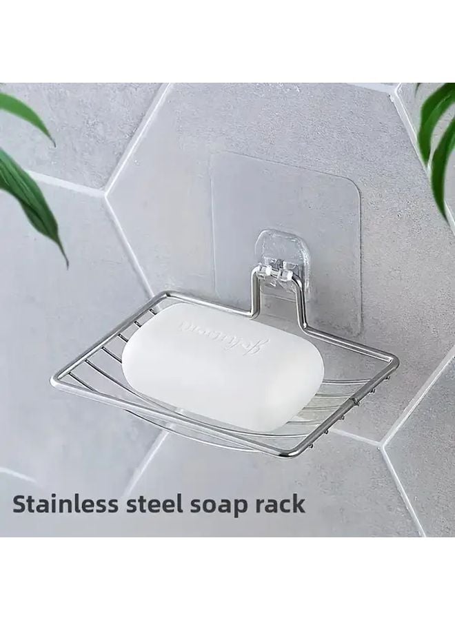 Stainless Steel Soap Holder Silvery Self Adhesive Wall Mounted Bathroom Storage Box With Drain Holes - Image 1